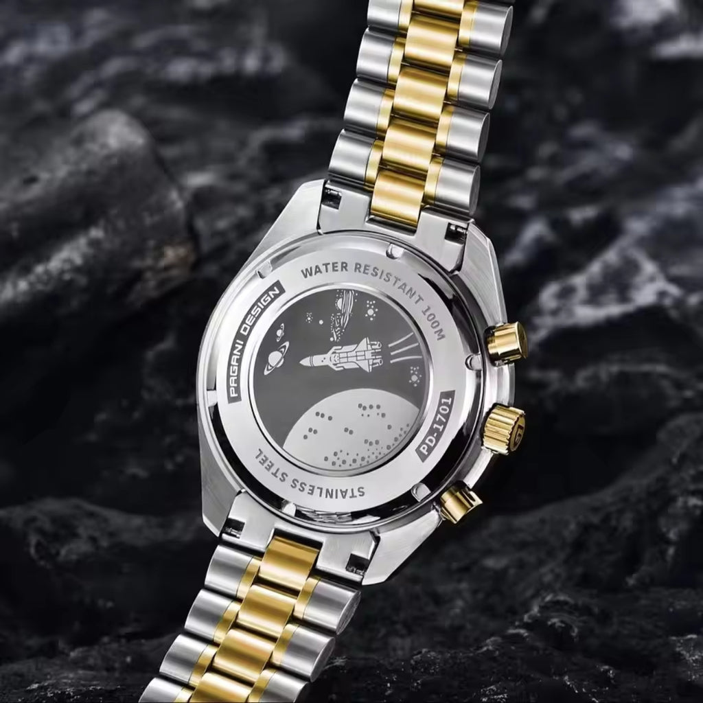 Pagani Design V6 Men’s Watch – VK63 Quartz Chronograph Stainless Steel - PD 1701 -Gold and White Dial