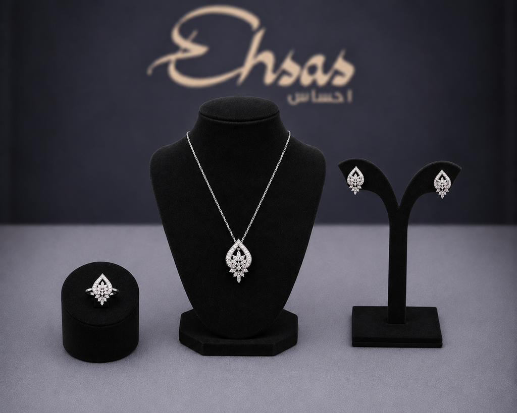 Exquisite 925 Sterling Silver Teardrop Jewelry Set with Intricate Floral Crystal Clusters