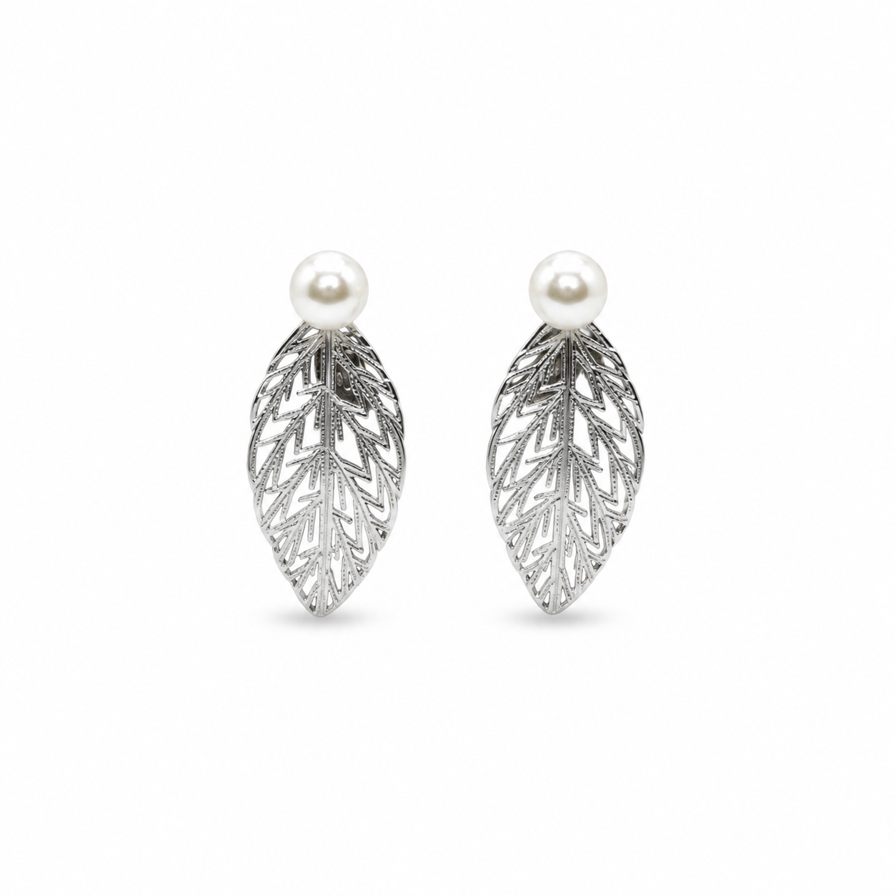Elegant Botanical Leaf & Pearl Stud Earrings
