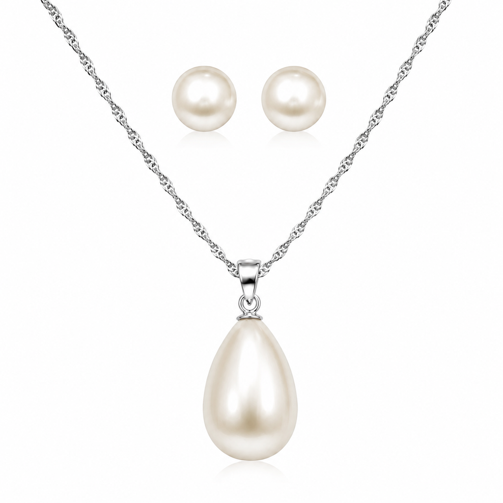 Teardrop Pearl Necklace & Stud Earring Set