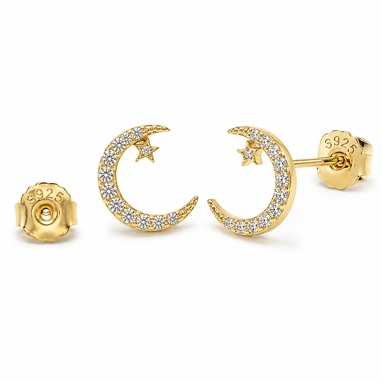 Celestial Sterling Silver Pavé Crescent Moon Stud Earrings with Dainty Star Accent