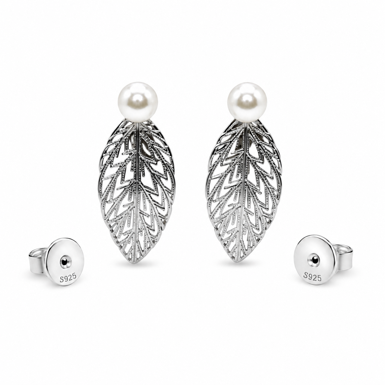 Elegant Botanical Leaf & Pearl Stud Earrings
