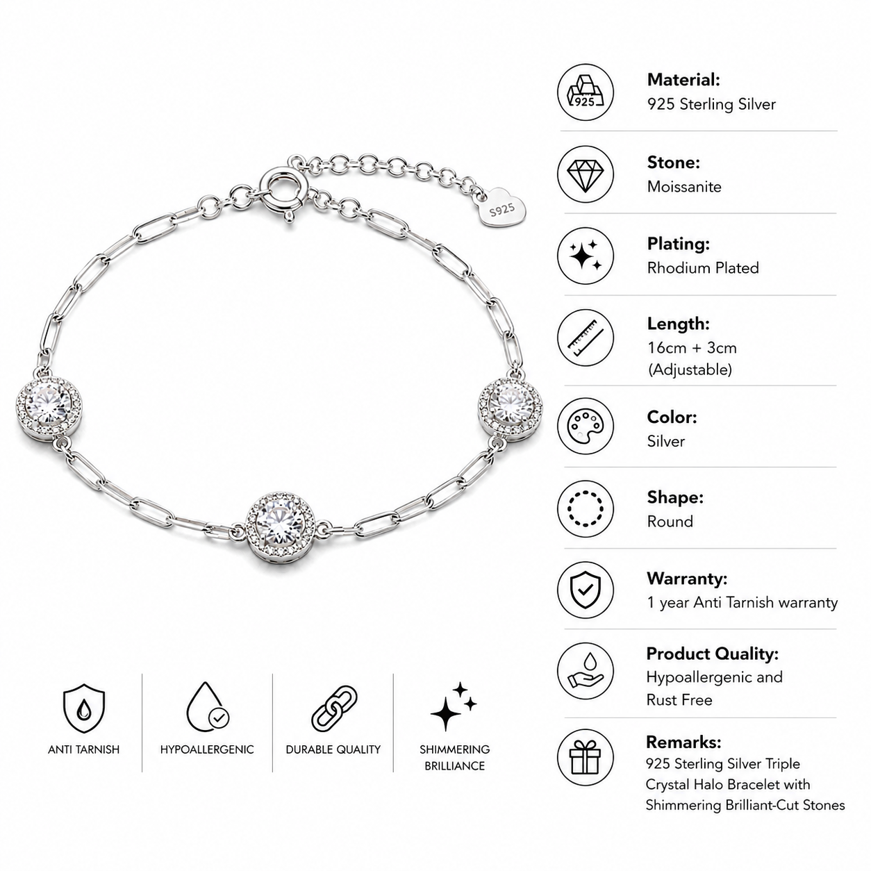 Sterling Silver Triple Halo Bracelet