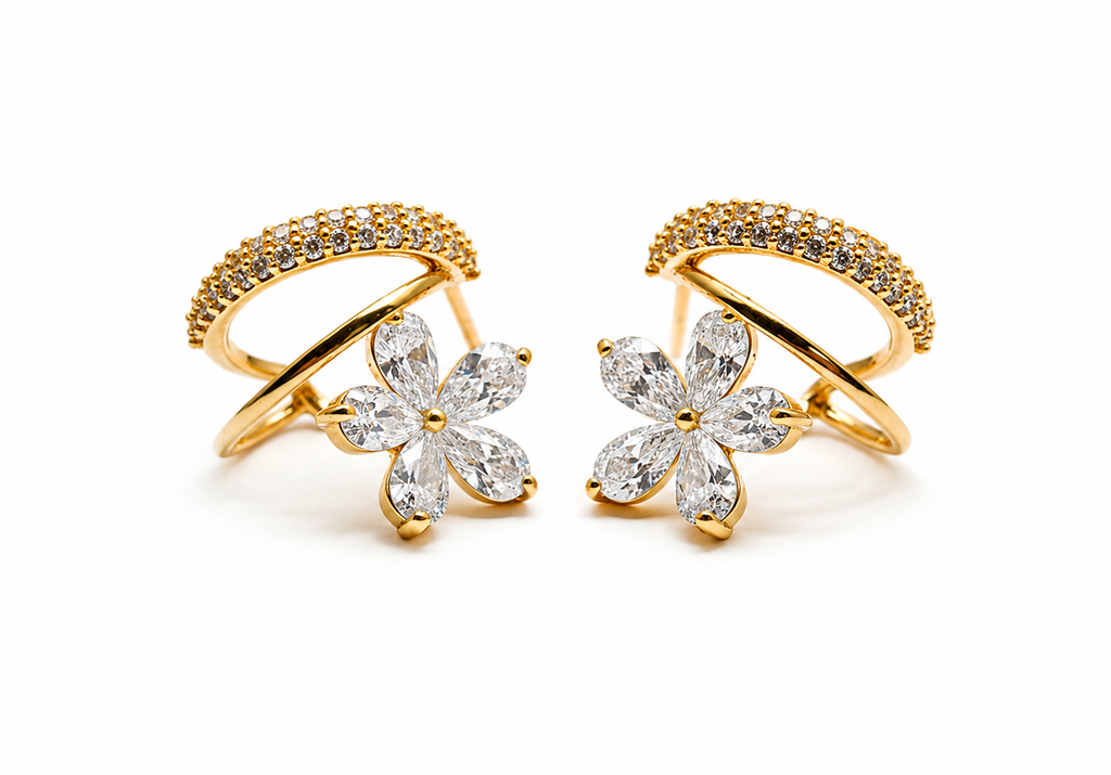 Dual-Band Earrings with Floral Charm