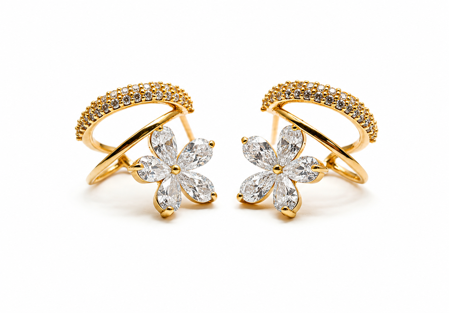 Dual-Band Earrings with Floral Charm