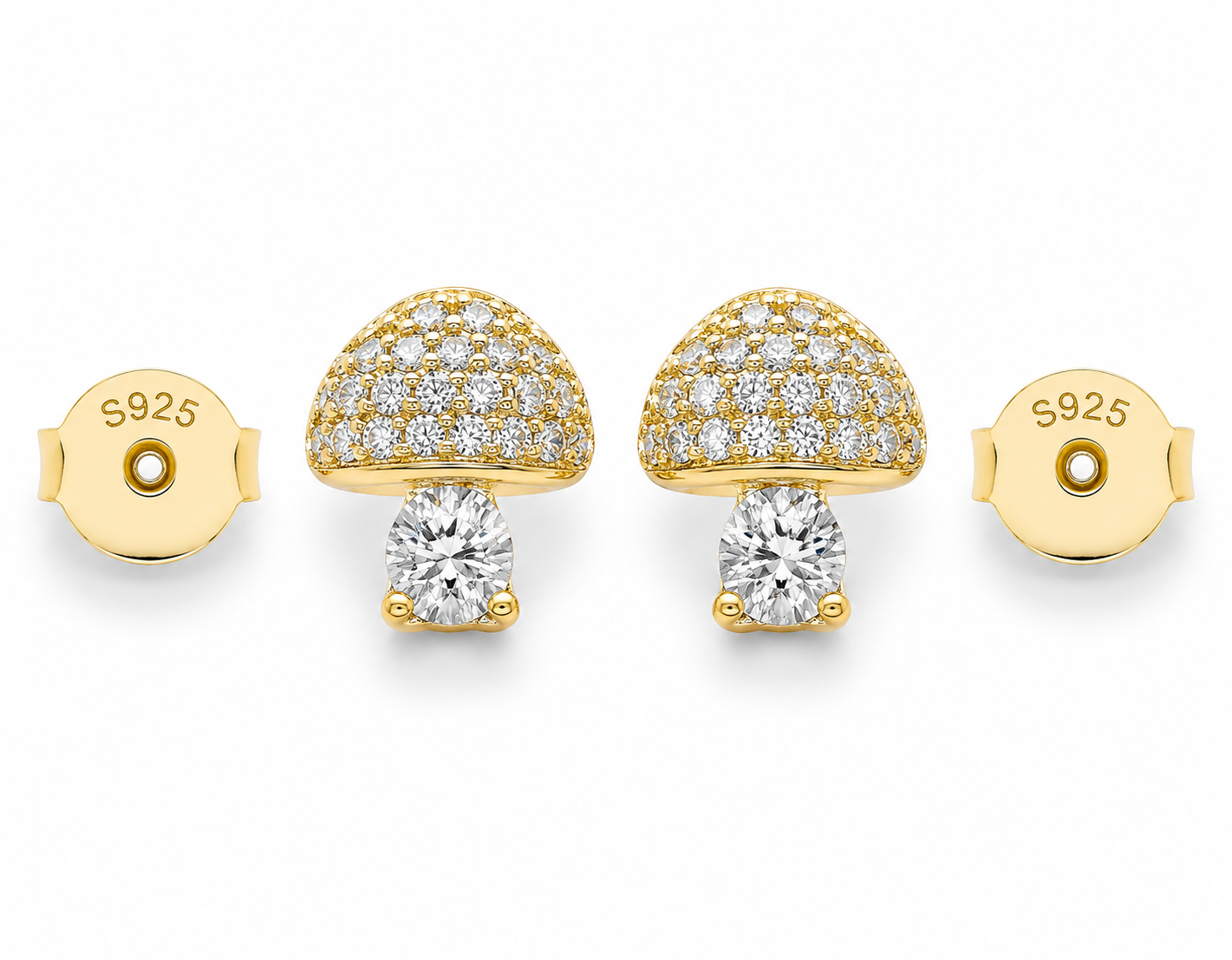Whimsical Sterling Silver Pave-Set Mushroom Stud Earrings with Pear-Cut Crystal Accents