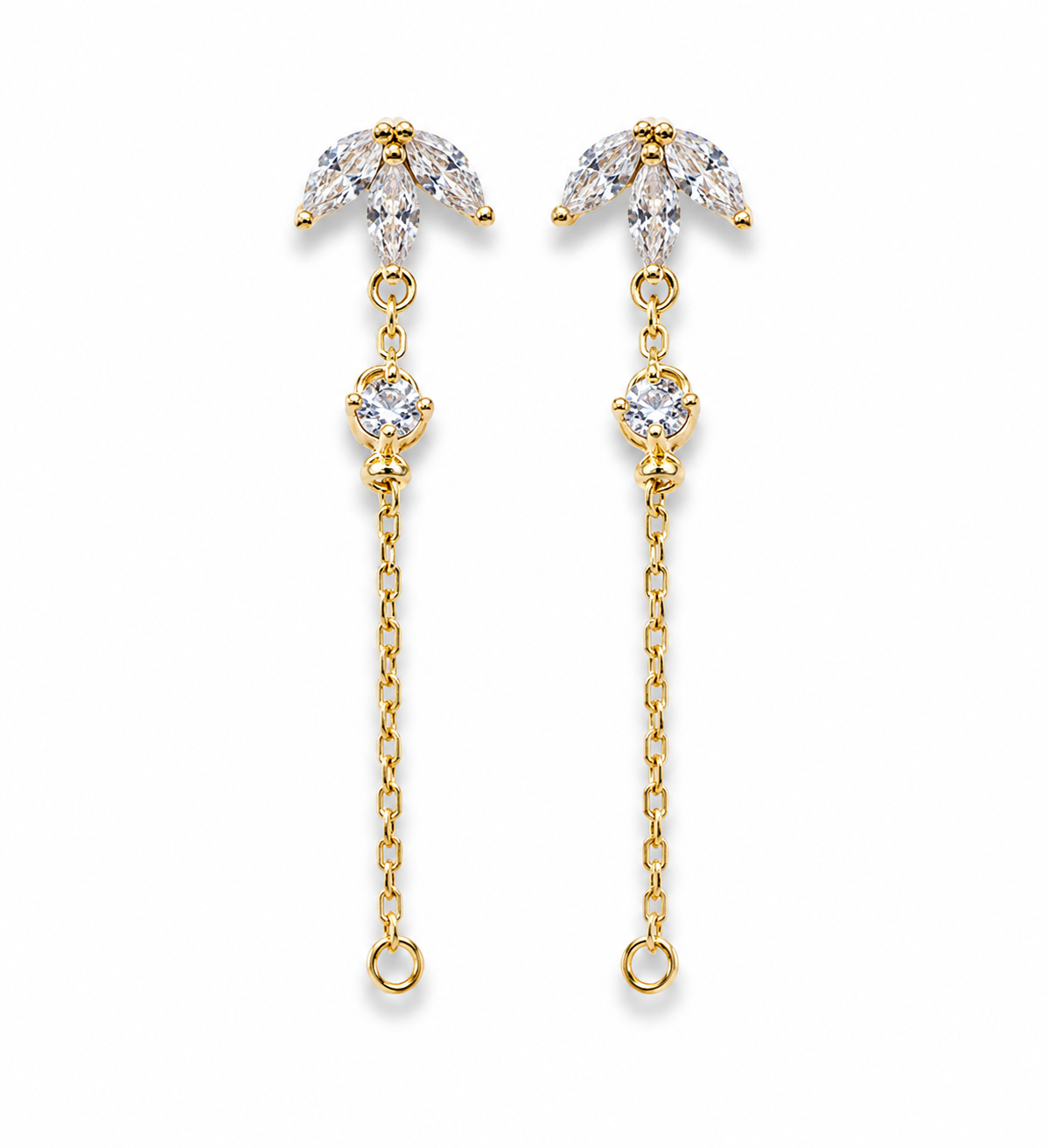 Elegant Silver Marquise Leaf Studs with Delicate Dangle Chain Accents