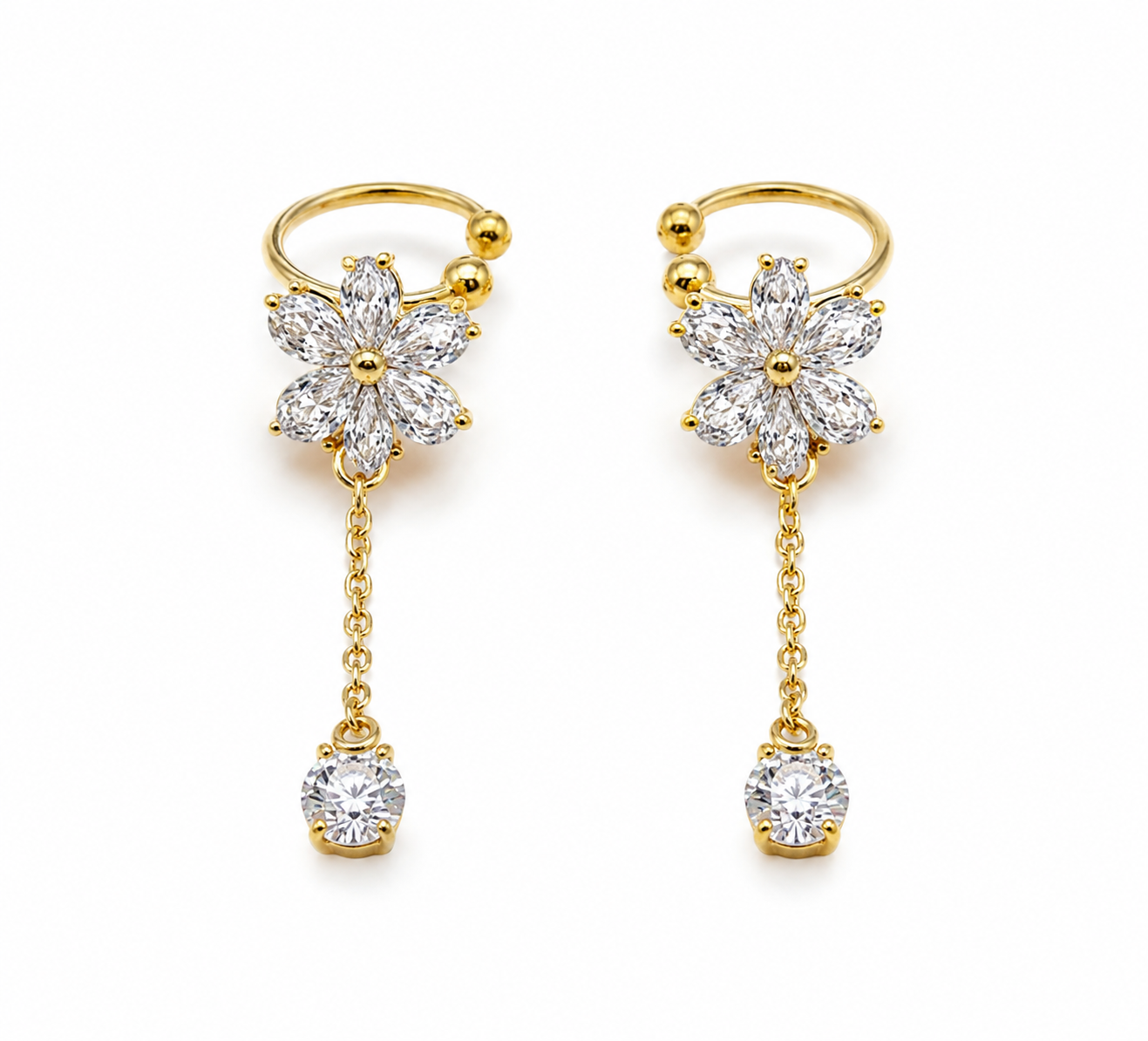 Elegant Crystal Flower Ear Cuffs with Delicate Dangle Chain