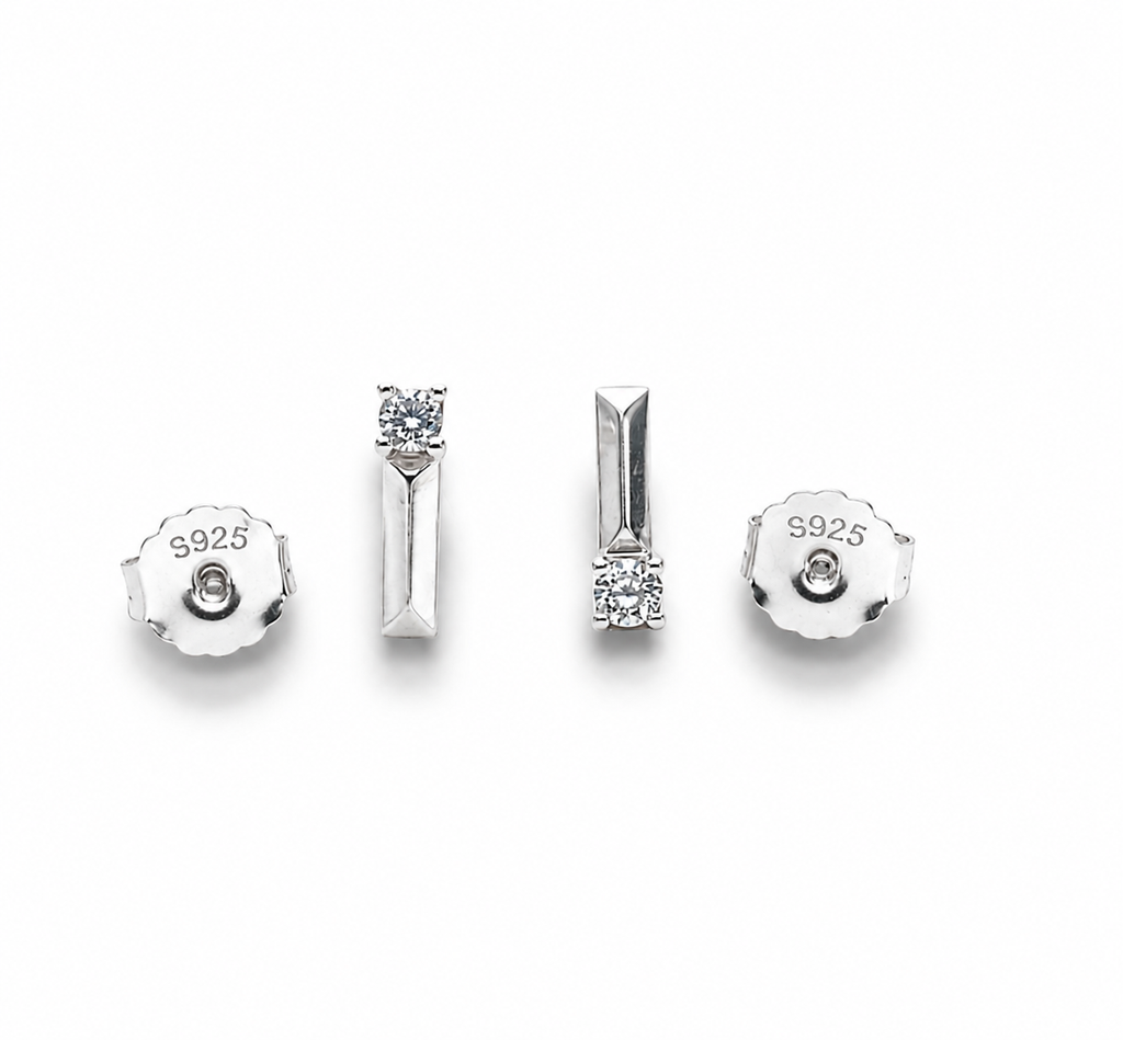 Minimalist S925 Sterling Silver Polished L-Shape Stud Earrings with Solitaire Crystal Accent