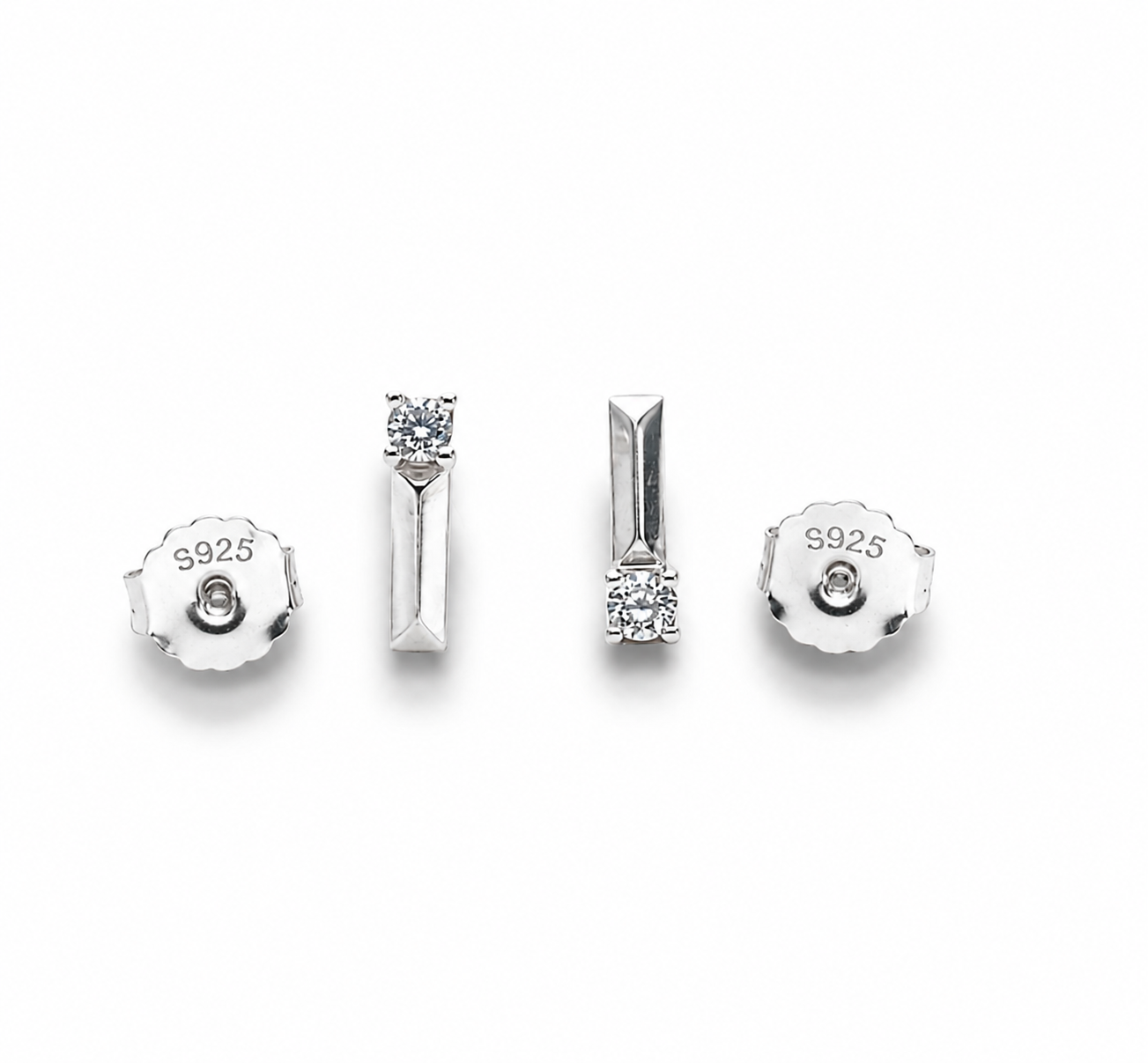 Minimalist S925 Sterling Silver Polished L-Shape Stud Earrings with Solitaire Crystal Accent