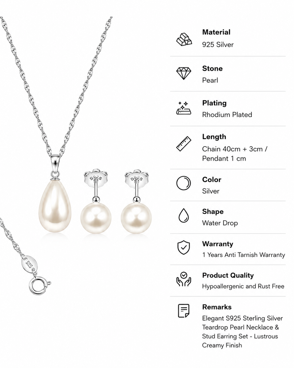 Teardrop Pearl Necklace & Stud Earring Set