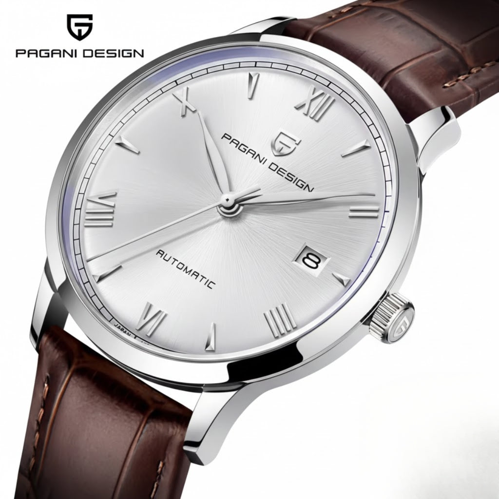 Pagani Design 1759 Men’s Automatic Pilot Watch Leather Strap – Seiko NH35 Movement, Sapphire Glass & 100M Waterproof White Dial