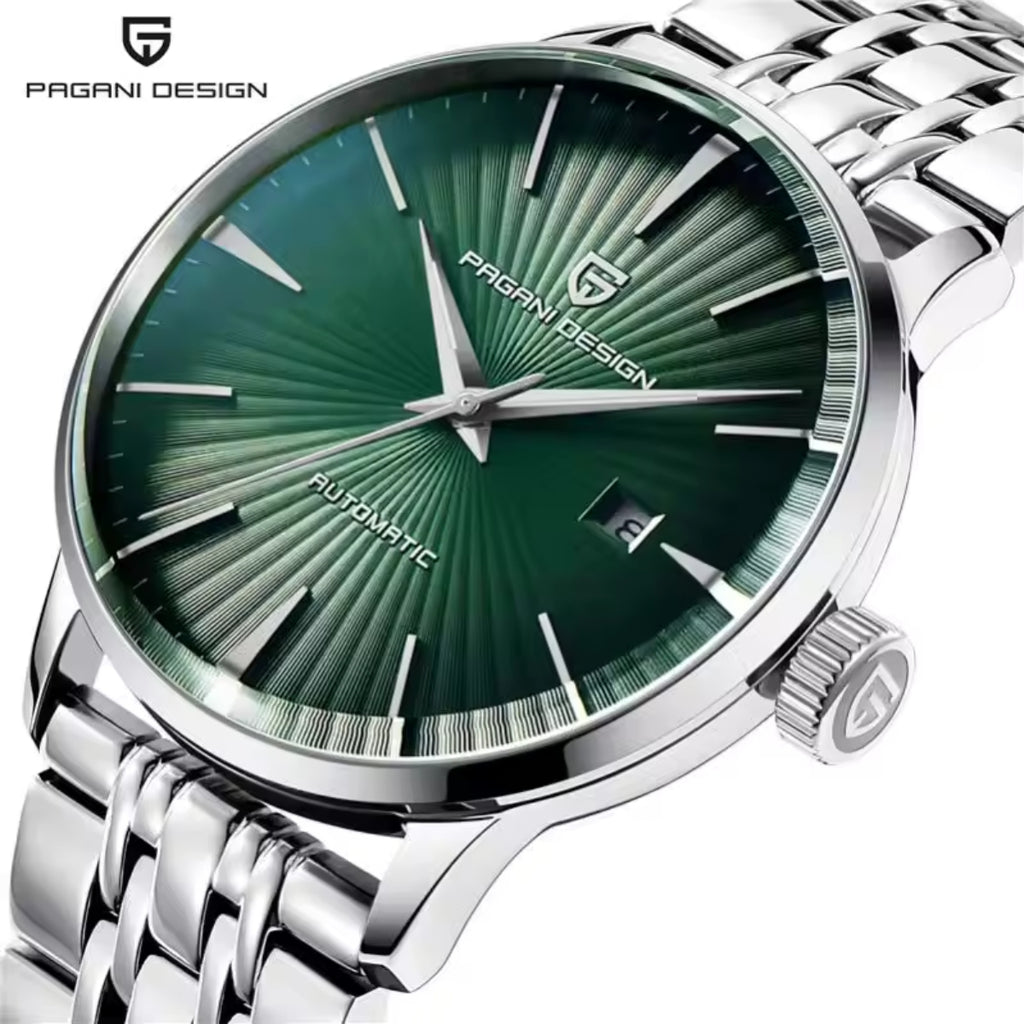 Pagani Design PD-2770 Men’s Automatic Watch – Classic Stainless Steel Mechanical Wristwatch with Date Green Dial