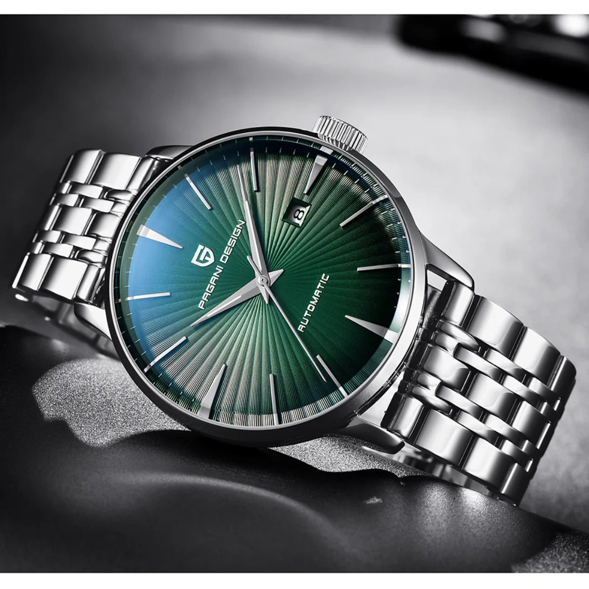 Pagani Design PD-2770 Men’s Automatic Watch – Classic Stainless Steel Mechanical Wristwatch with Date Green Dial