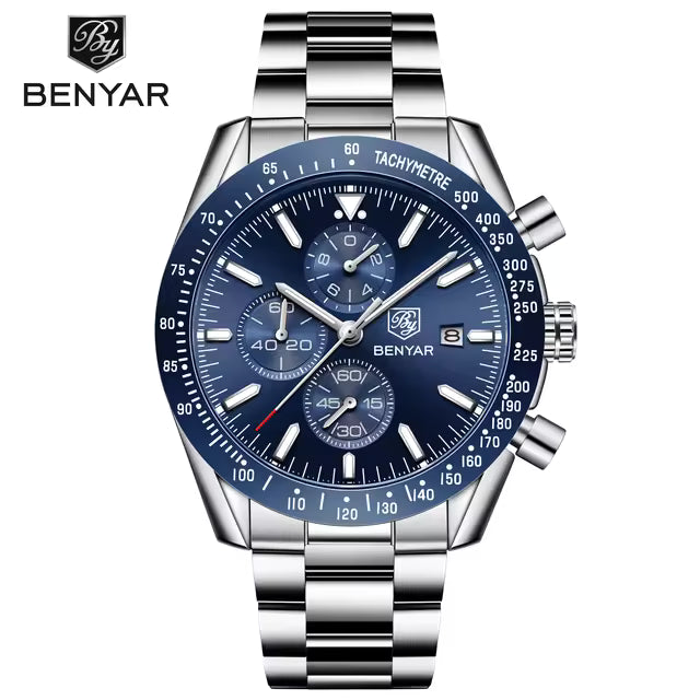 BENYAR 5140 Men’s Luxury Chronograph – Business Steel Quartz Watch, 3ATM Waterproof & Luminous Blue Dial