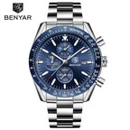 BENYAR 5140 Men’s Luxury Chronograph – Business Steel Quartz Watch, 3ATM Waterproof & Luminous Blue Dial