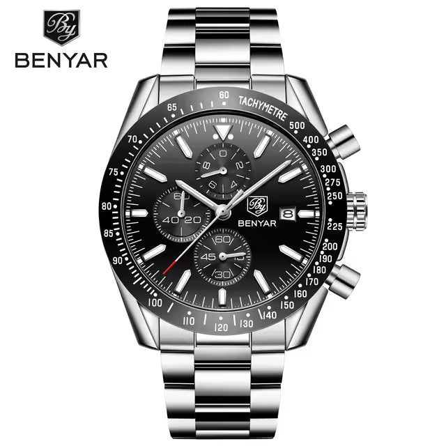 BENYAR 5140 Men’s Luxury Chronograph – Business Steel Quartz Watch, 3ATM Waterproof & Luminous Black Dial