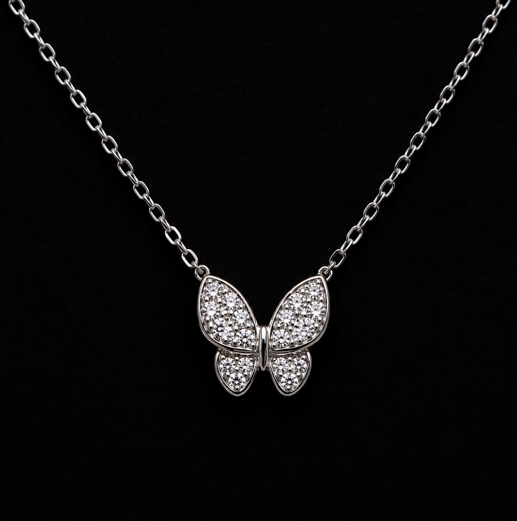 Necklace Featuring Shimmering Crystal Butterfly