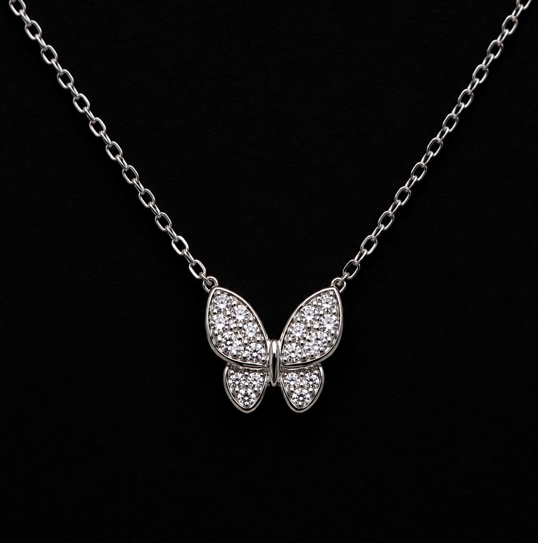 Necklace Featuring Shimmering Crystal Butterfly
