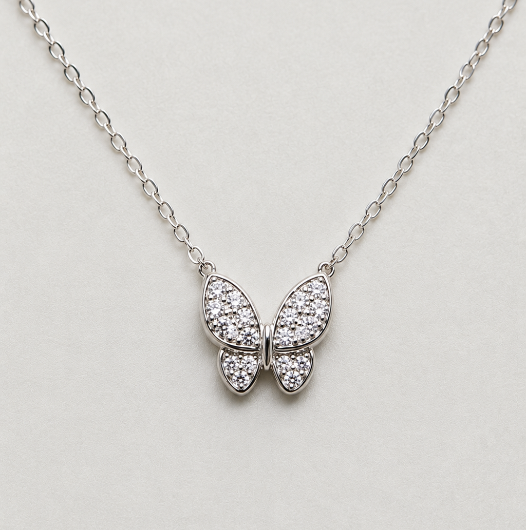 Necklace Featuring Shimmering Crystal Butterfly