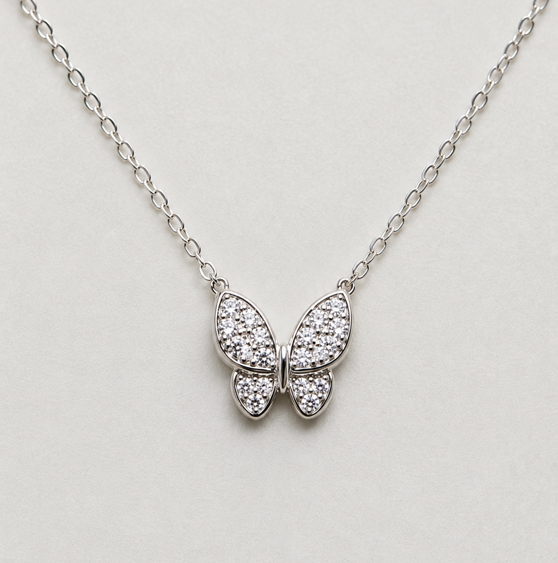 Necklace Featuring Shimmering Crystal Butterfly