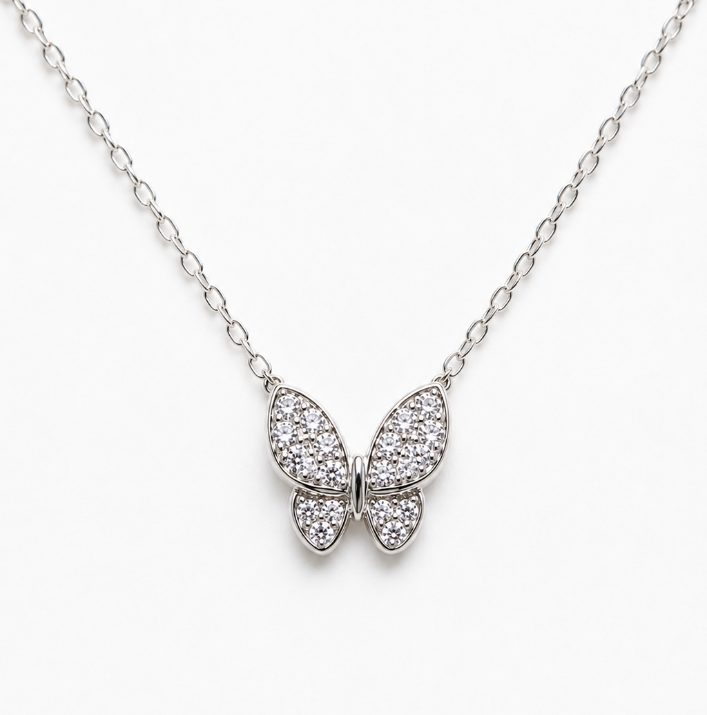 Necklace Featuring Shimmering Crystal Butterfly