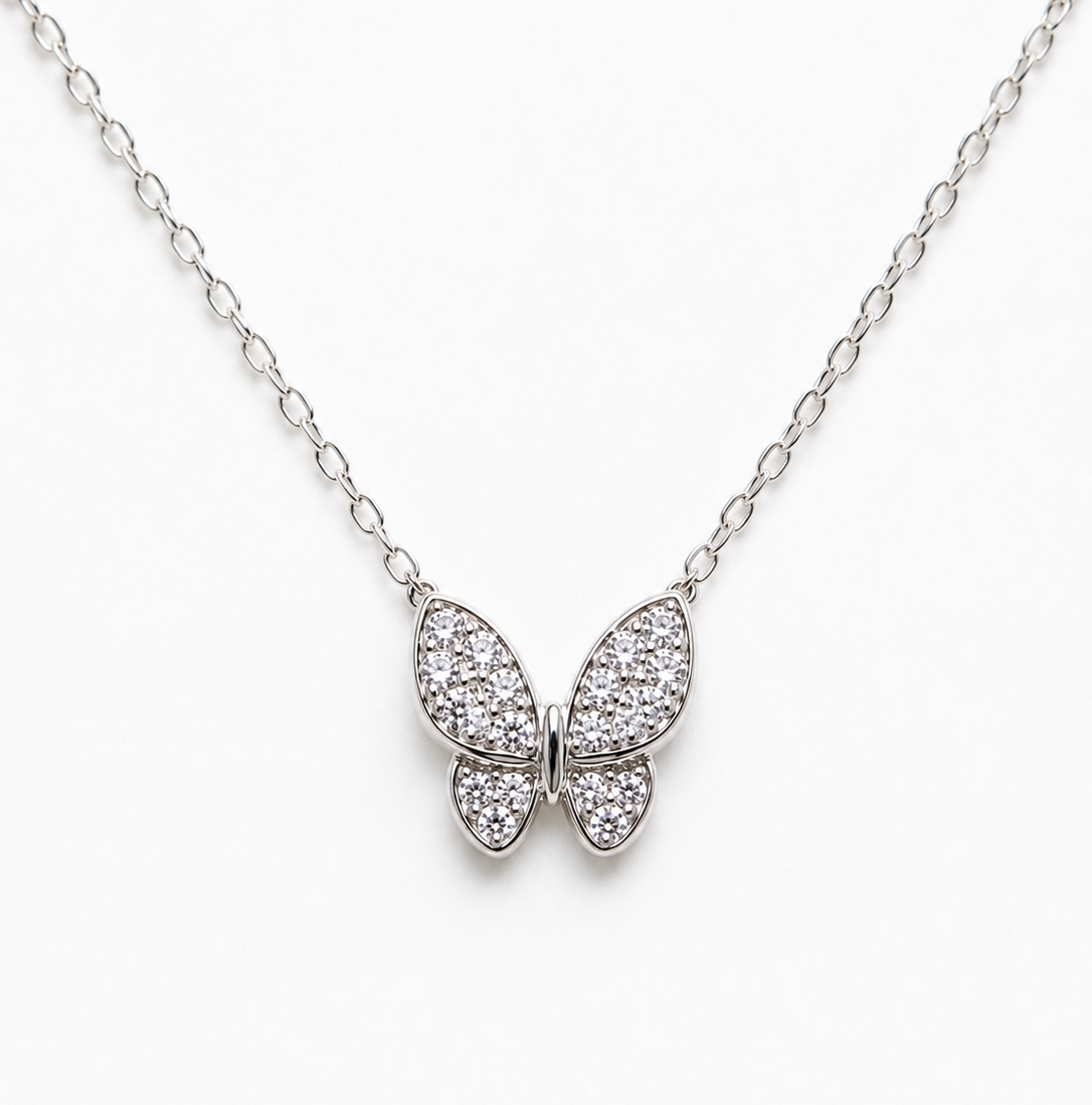 Necklace Featuring Shimmering Crystal Butterfly