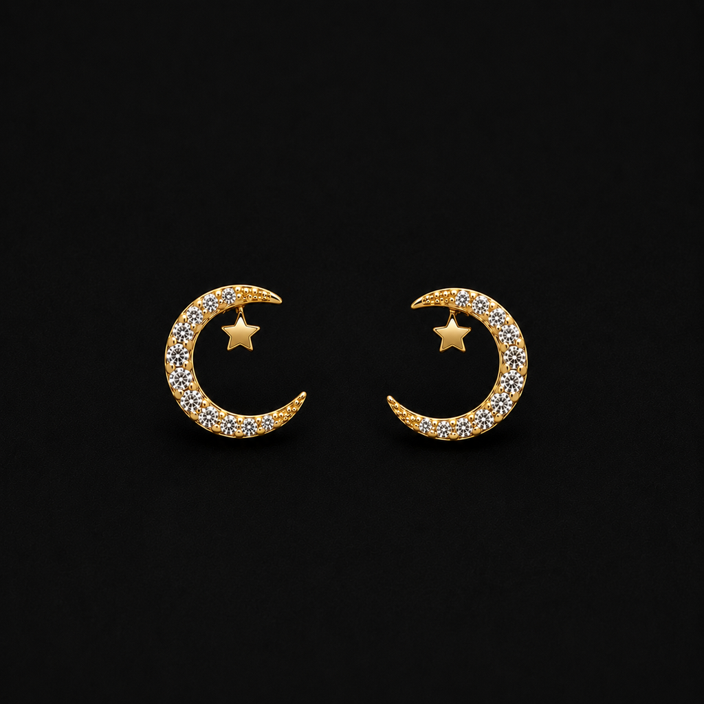Celestial Sterling Silver Pavé Crescent Moon Stud Earrings with Dainty Star Accent