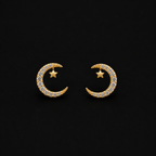 Celestial Sterling Silver Pavé Crescent Moon Stud Earrings with Dainty Star Accent