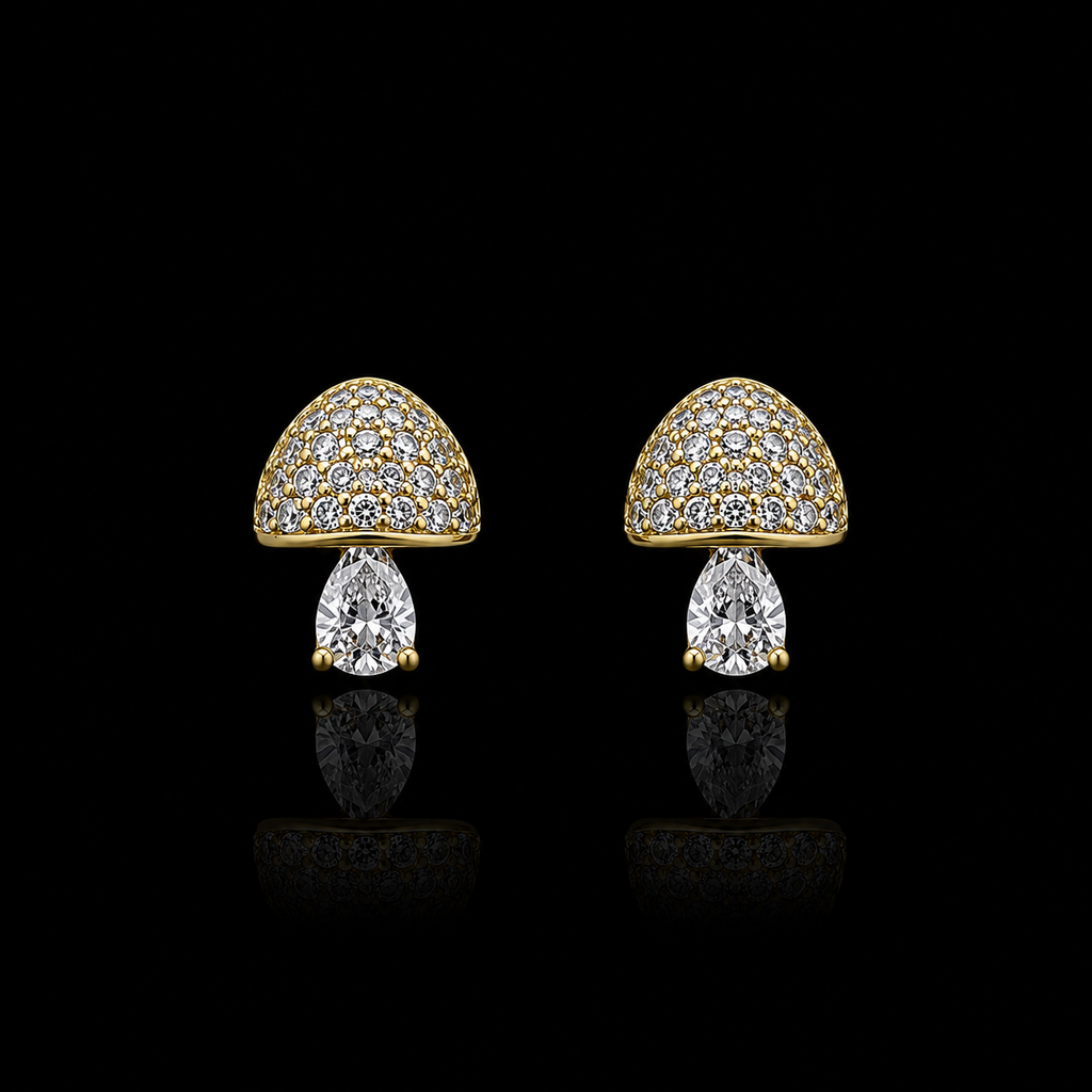 Whimsical Sterling Silver Pave-Set Mushroom Stud Earrings with Pear-Cut Crystal Accents