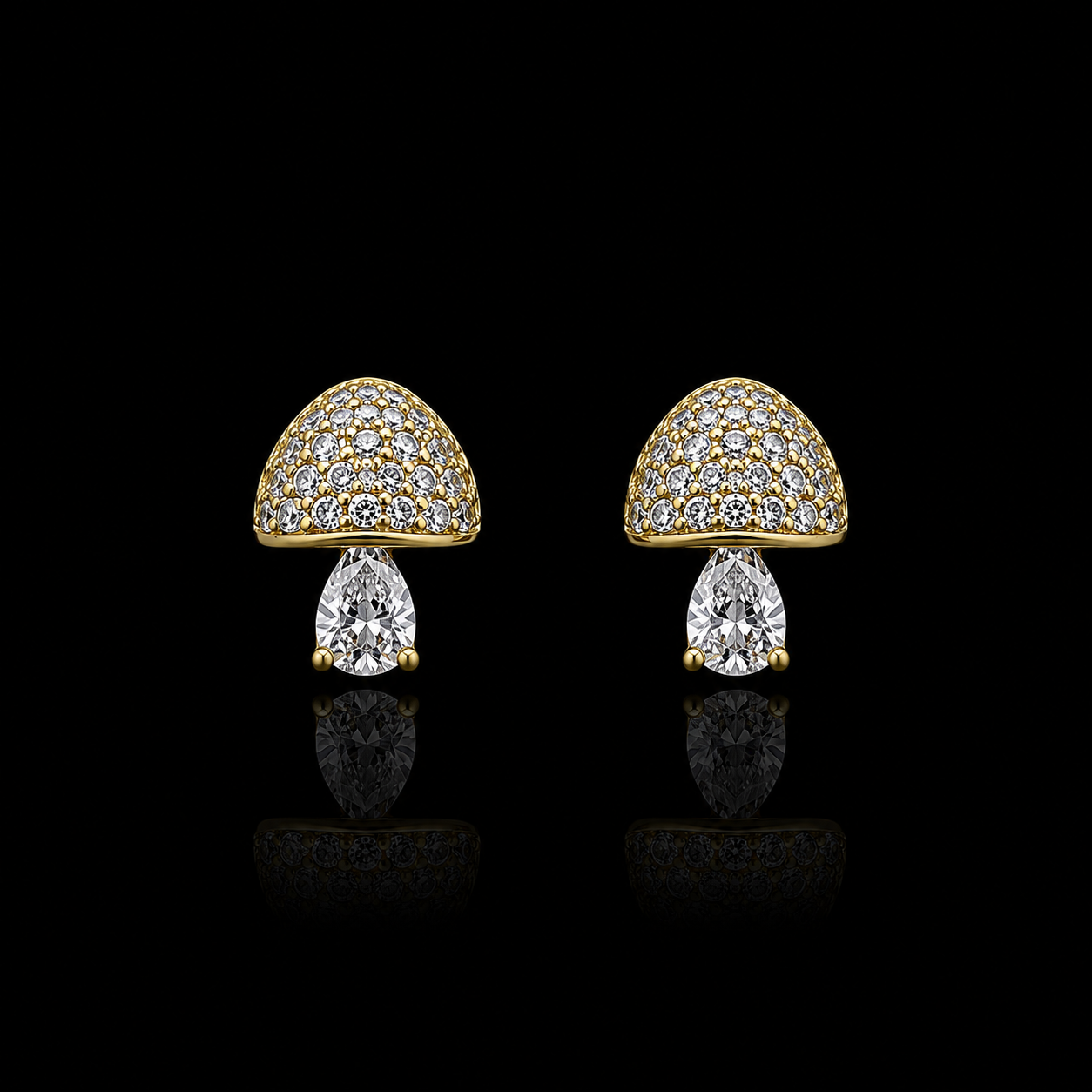 Whimsical Sterling Silver Pave-Set Mushroom Stud Earrings with Pear-Cut Crystal Accents