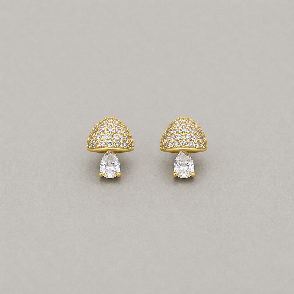 Whimsical Sterling Silver Pave-Set Mushroom Stud Earrings with Pear-Cut Crystal Accents