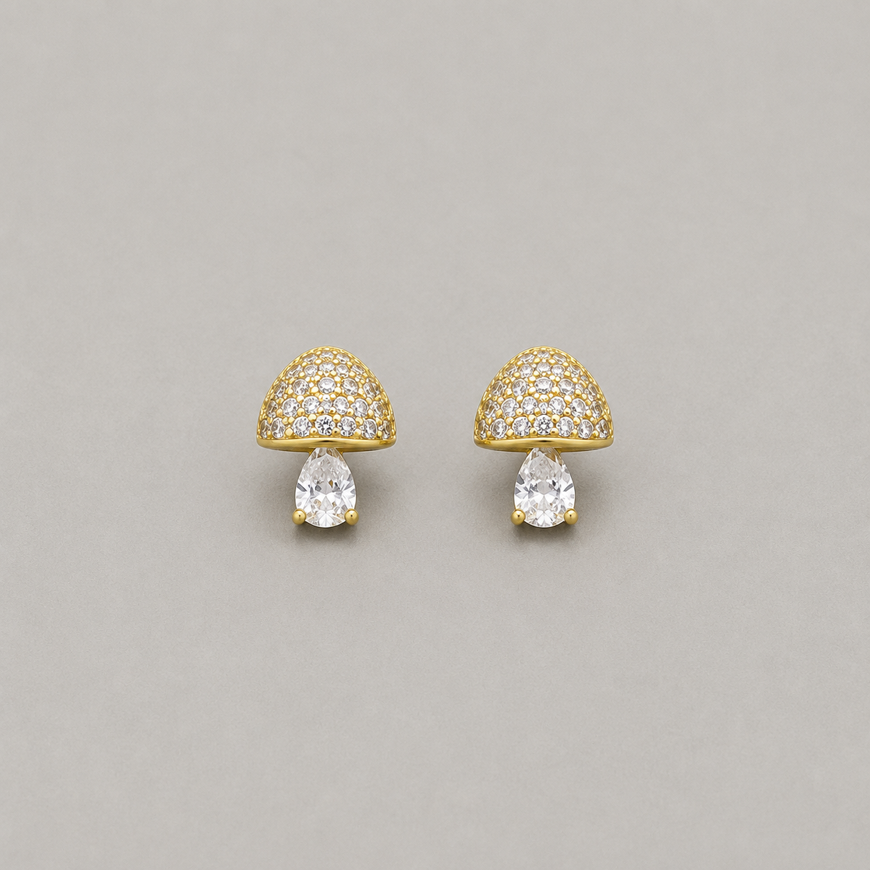Whimsical Sterling Silver Pave-Set Mushroom Stud Earrings with Pear-Cut Crystal Accents