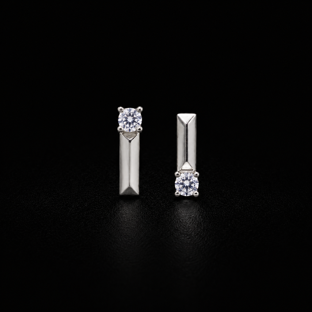 Minimalist S925 Sterling Silver Polished L-Shape Stud Earrings with Solitaire Crystal Accent