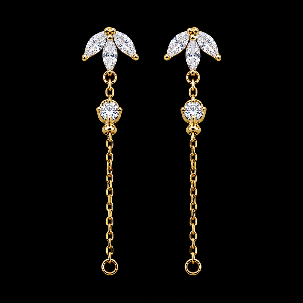 Elegant Silver Marquise Leaf Studs with Delicate Dangle Chain Accents