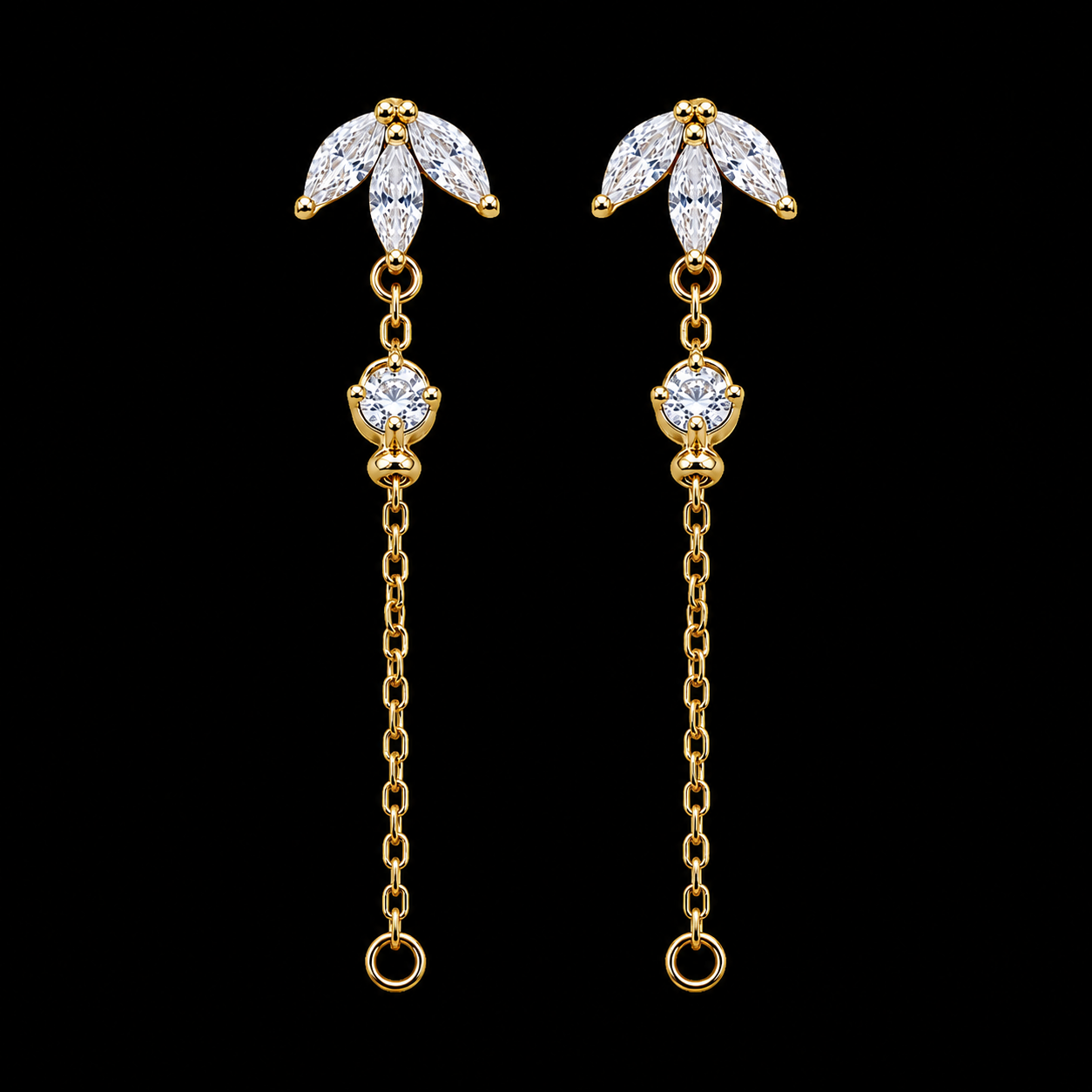 Elegant Silver Marquise Leaf Studs with Delicate Dangle Chain Accents