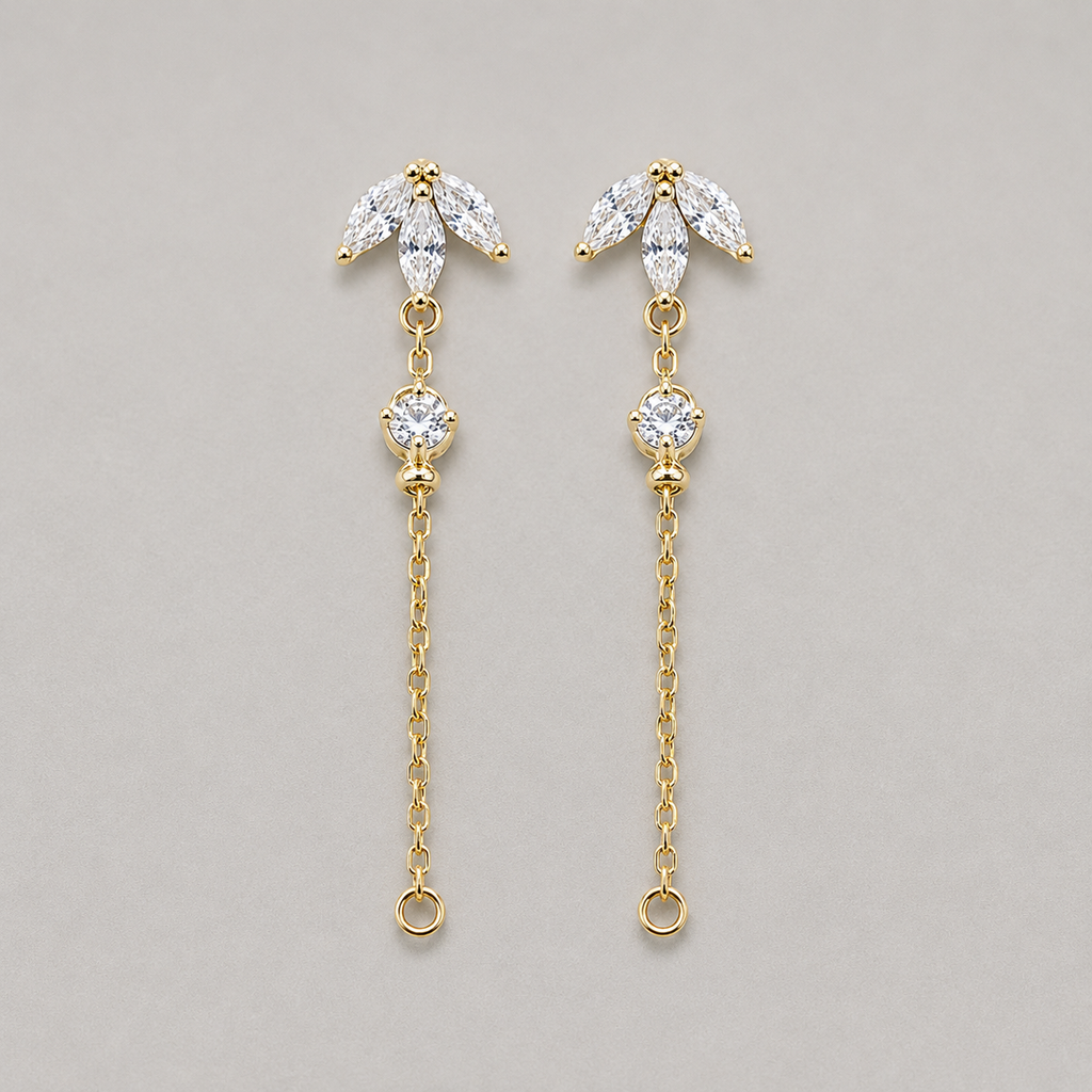 Elegant Silver Marquise Leaf Studs with Delicate Dangle Chain Accents