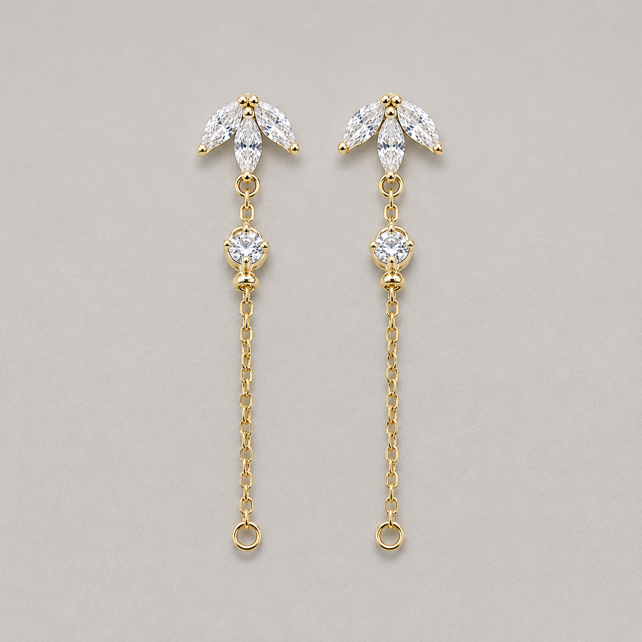 Elegant Silver Marquise Leaf Studs with Delicate Dangle Chain Accents