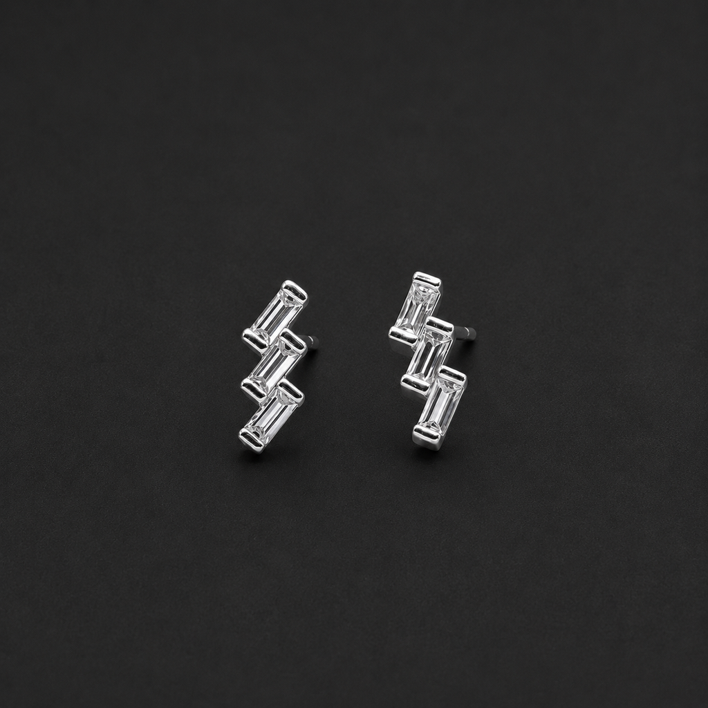 Minimalist Geometric Zig-Zag Stud Earrings with Radiant Baguette Crystals