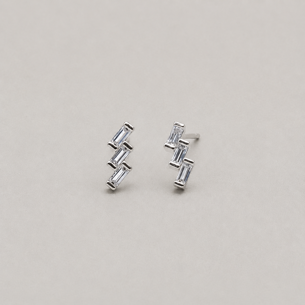 Minimalist Geometric Zig-Zag Stud Earrings with Radiant Baguette Crystals