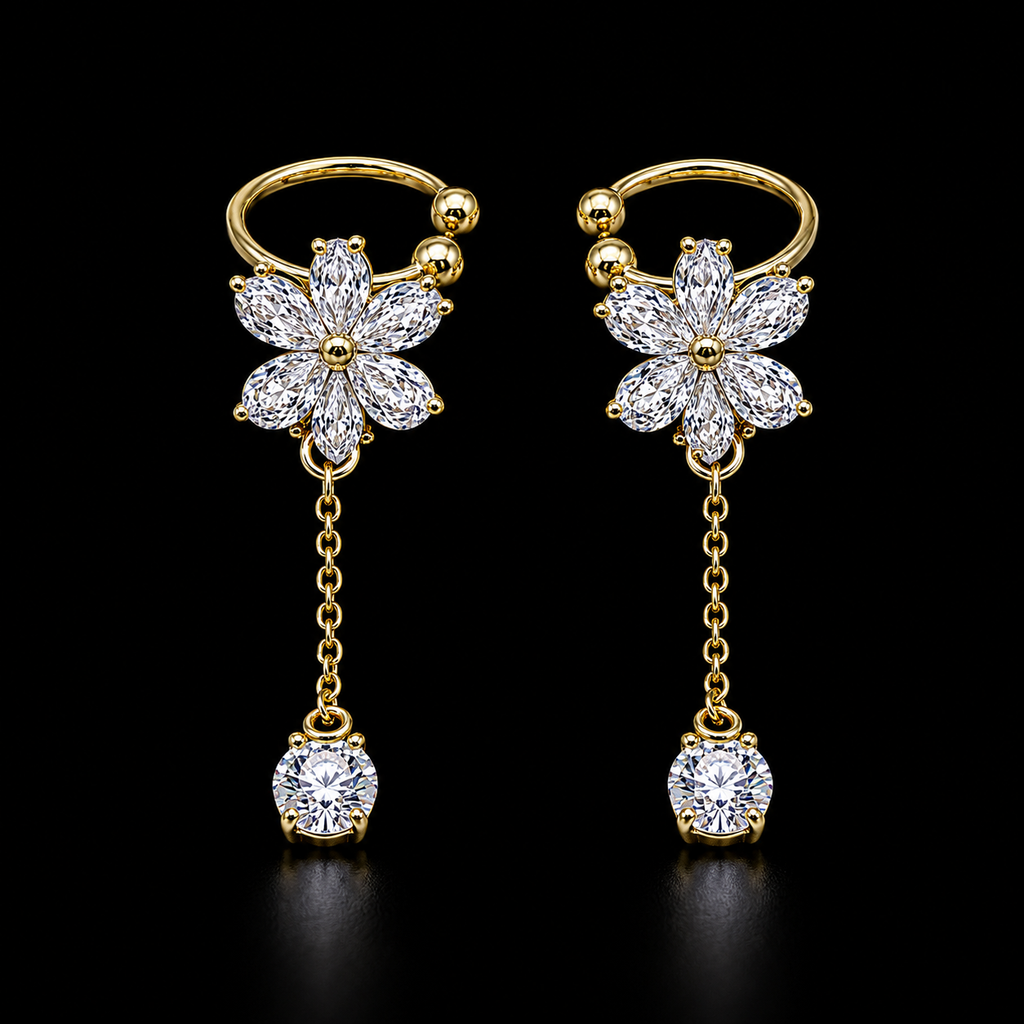 Elegant Crystal Flower Ear Cuffs with Delicate Dangle Chain