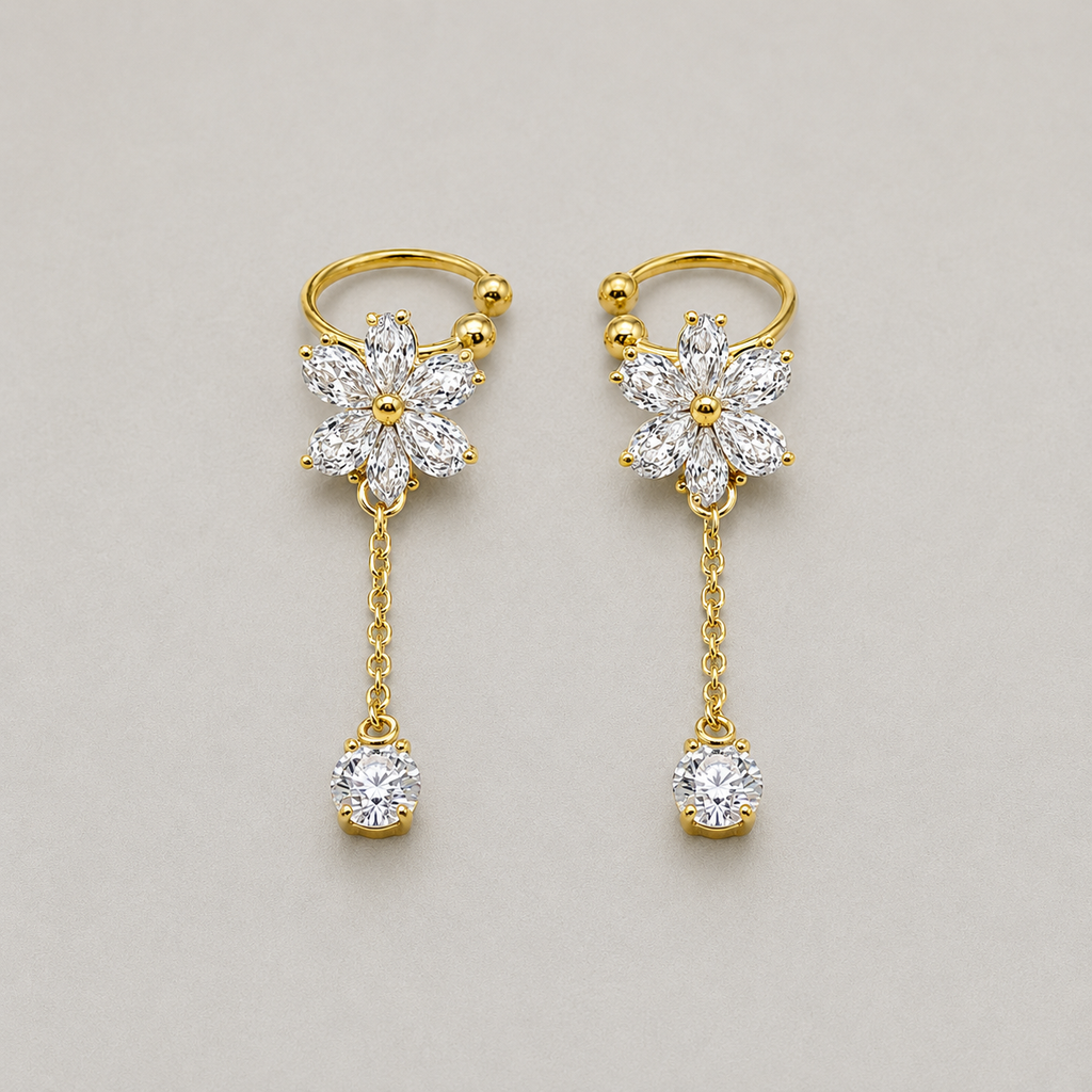Elegant Crystal Flower Ear Cuffs with Delicate Dangle Chain