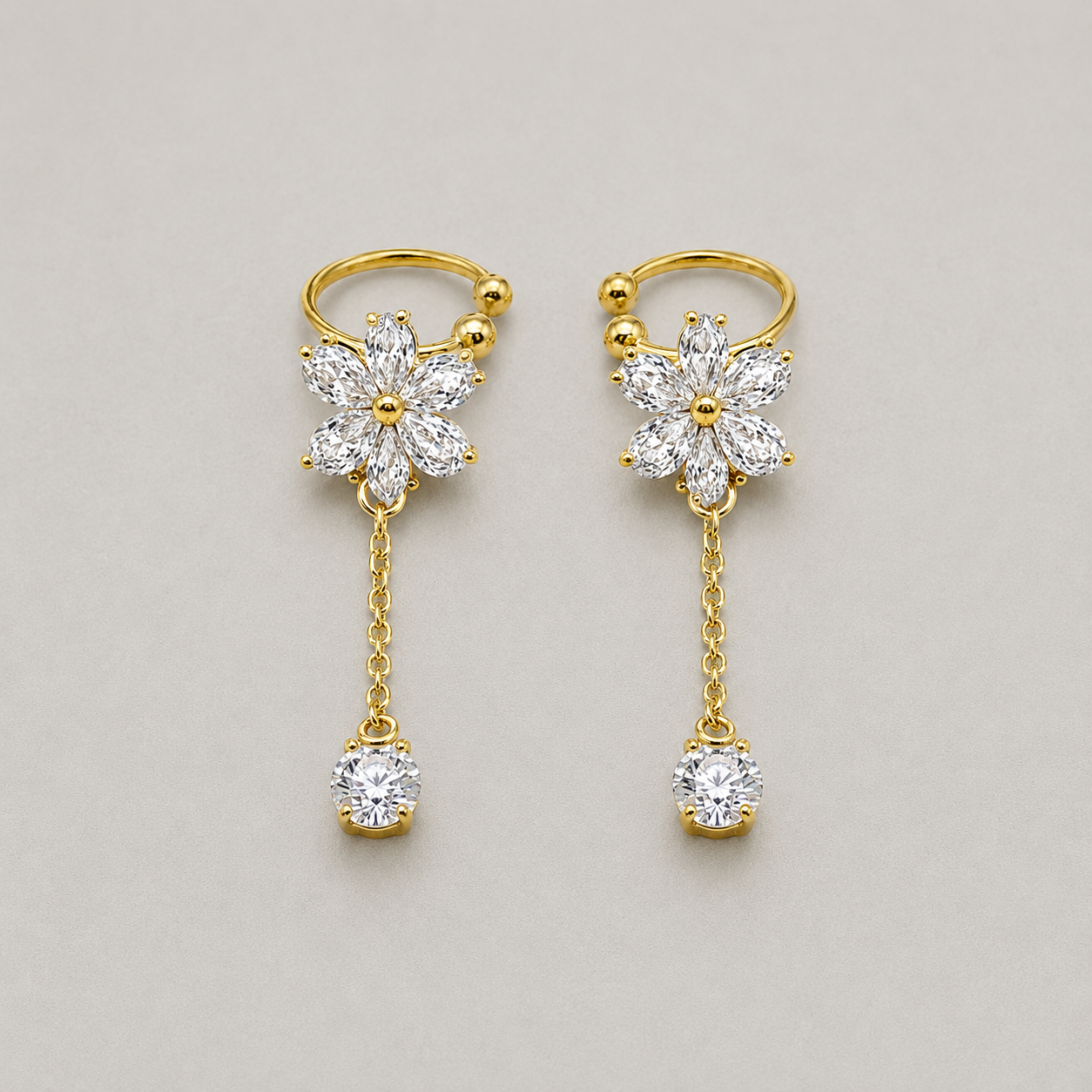 Elegant Crystal Flower Ear Cuffs with Delicate Dangle Chain