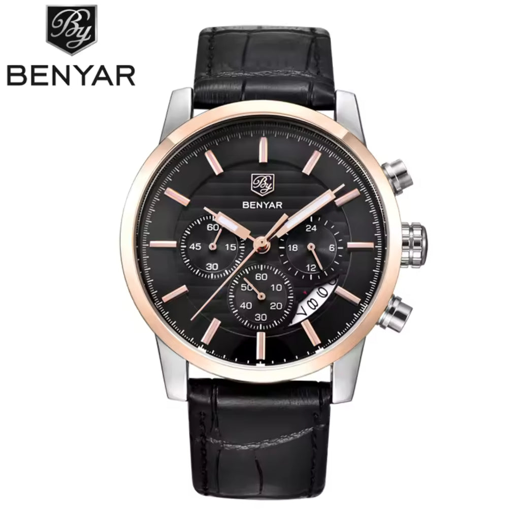 BENYAR 5104 Men’s Business Three Chronograph Sub Dial Watch Black and Gold Leather Strap