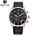 BENYAR 5104 Men’s Business Three Chronograph Sub Dial Watch Black and Gold Leather Strap