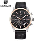 BENYAR 5104 Men’s Business Three Chronograph Sub Dial Watch Black and Gold Leather Strap