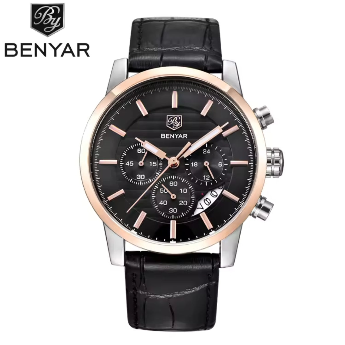 BENYAR 5104 Men’s Business Three Chronograph Sub Dial Watch Black and Gold Leather Strap