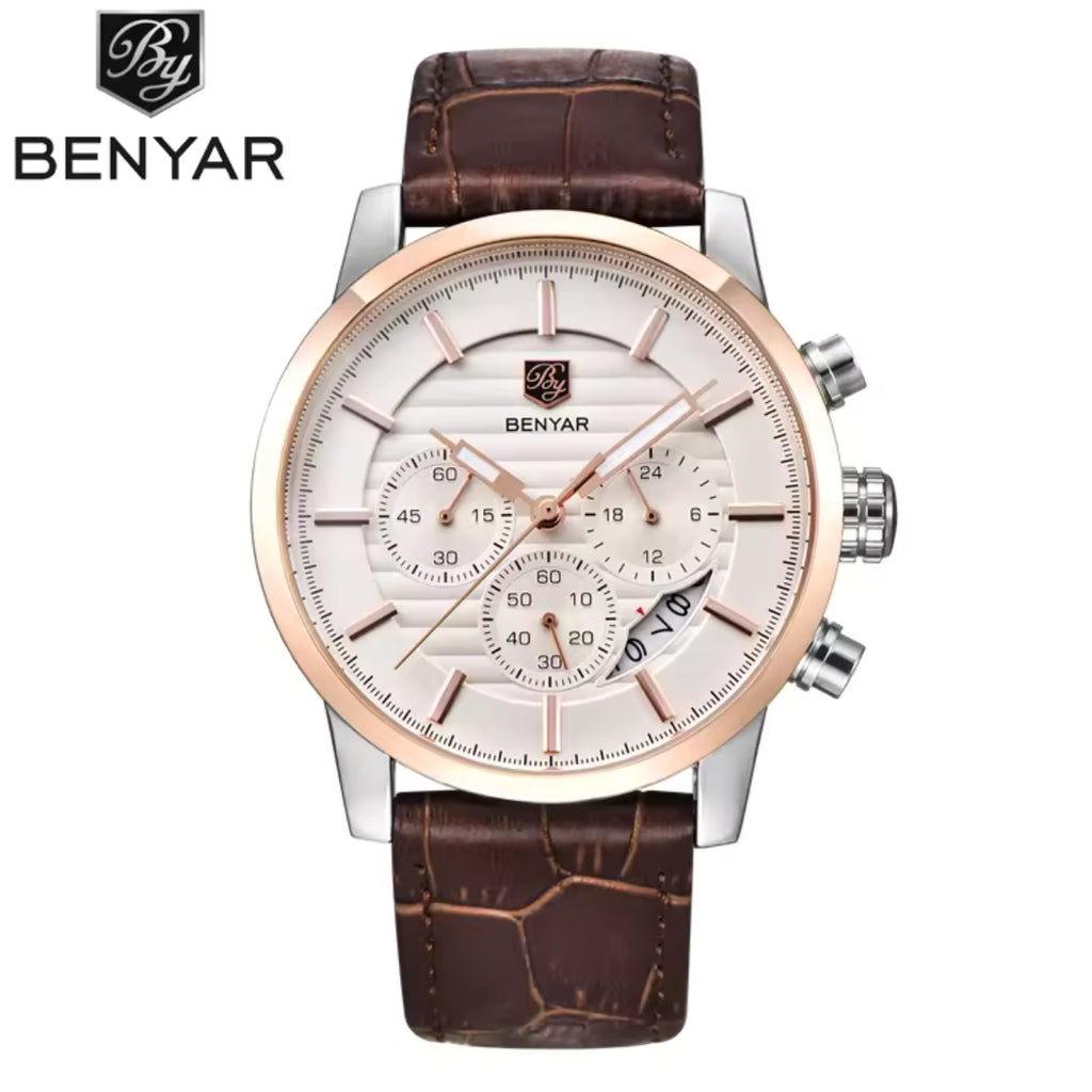 BENYAR 5104 Men’s Business Three Chronograph Sub Dial Watch Gold and White Leather Strap