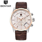 BENYAR 5104 Men’s Business Three Chronograph Sub Dial Watch Gold and White Leather Strap