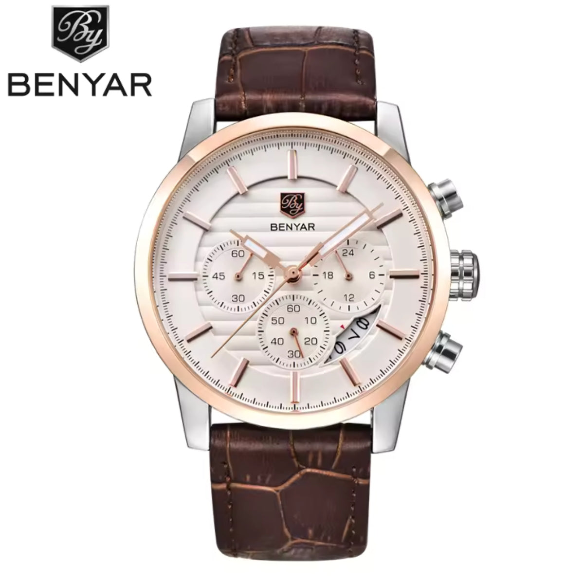 BENYAR 5104 Men’s Business Three Chronograph Sub Dial Watch Gold and White Leather Strap